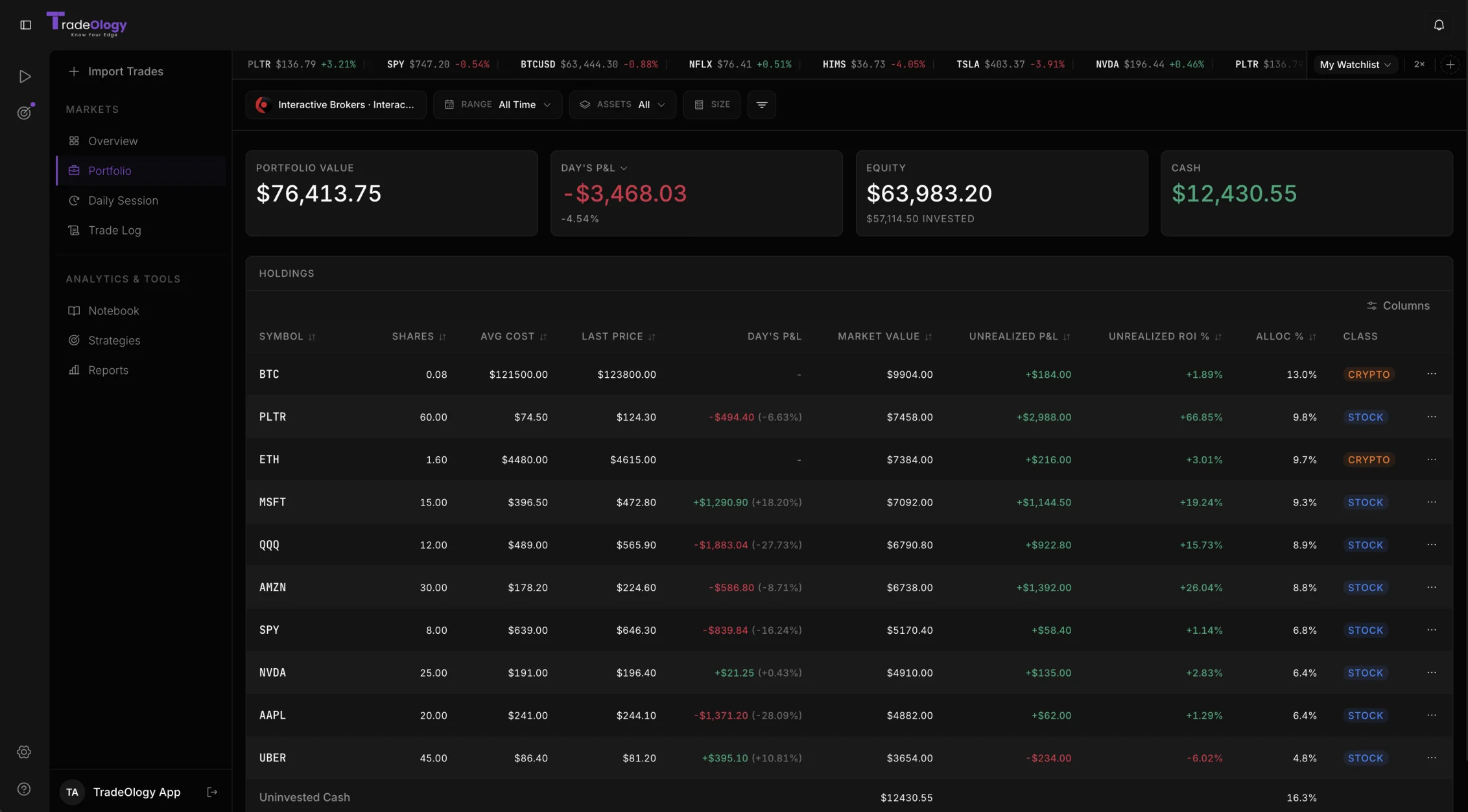 TradeOlogy portfolio view with auto-synced holdings, portfolio value, day's P&L, equity and cash